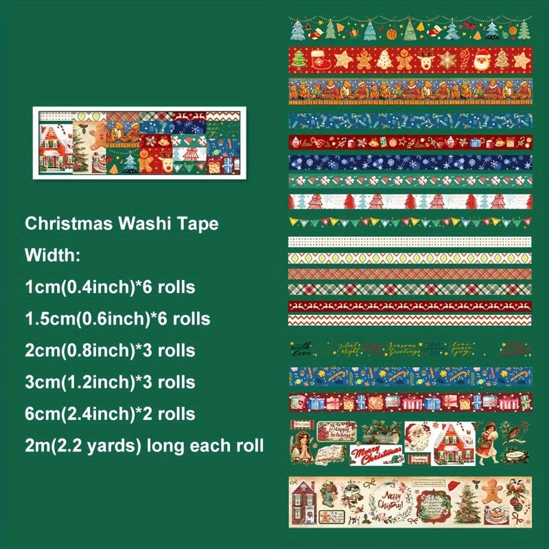 icceemee Christmas Theme Washi Tape Set, 20 Rolls Christmas Theme Washi TapeWritable Decorative Tapes for Scrapbooking, Junk Journal Supplies, Bullet Journaling, 0.6"x79" per Roll - Image 2